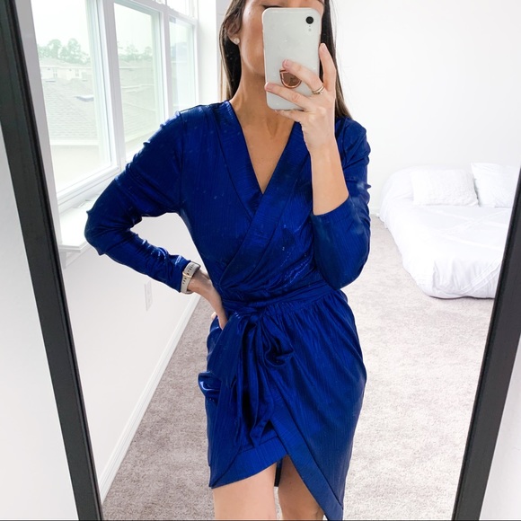 Blue Long Sleeve Metallic Asymmetrical Wrap Dress - Picture 10 of 11